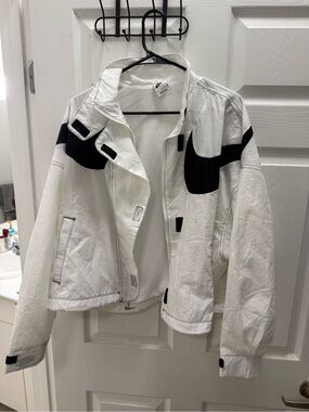 Nike White and Black Graphic Swoosh Bomber Jacket